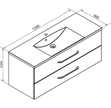 Masszeichnung für einen Waschtischunterschrank mit Waschbecken, Breite 1200 Millimeter, Tiefe 460 Millimeter, Höhe 508 Millimeter, zwei Schubladen.