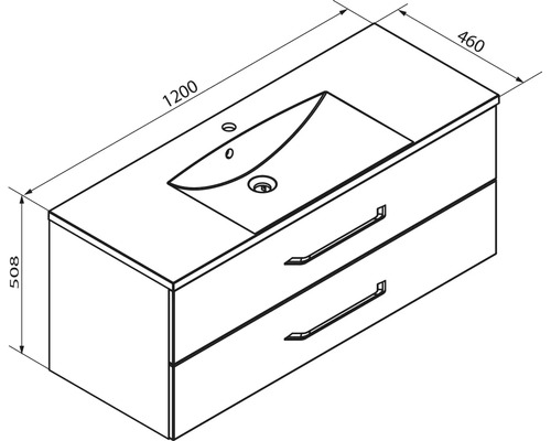 Masszeichnung für einen Waschtischunterschrank mit Waschbecken, Breite 1200 Millimeter, Tiefe 460 Millimeter, Höhe 508 Millimeter, zwei Schubladen.