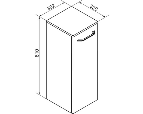 Dessin technique d'un meuble de salle de bains avec une porte et une poignée, hauteur 810 millimètres, largeur 320 millimètres, profondeur 302 millimètres.