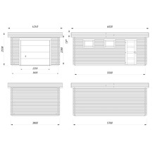 Dessin technique d'un garage en bois avec dimensions en millimètres et degrés. Vues des quatre côtés avec porte sectionnelle, porte et fenêtres.
