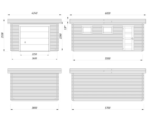 Dessin technique d'un garage en bois avec dimensions en millimètres et degrés. Vues des quatre côtés avec porte sectionnelle, porte et fenêtres.