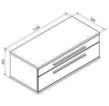 Schéma avec dimensions d'un meuble sous lavabo à deux tiroirs, largeur 1100 mm, profondeur 500 mm, hauteur 404 mm.