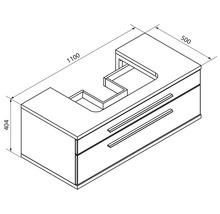Dessin technique meuble sous-lavabo avec deux tiroirs, largeur 1100 millimètres, hauteur 404 millimètres, profondeur 500 millimètres.