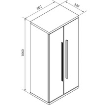 Plan avec dimensions d'un meuble à deux portes avec poignées. Largeur 502 millimètres, hauteur 1060 millimètres, profondeur 320 millimètres.