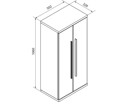 Plan avec dimensions d'un meuble à deux portes avec poignées. Largeur 502 millimètres, hauteur 1060 millimètres, profondeur 320 millimètres.