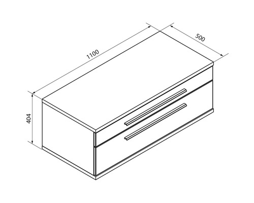 Schéma avec dimensions d'un meuble sous lavabo à deux tiroirs, largeur 1100 mm, profondeur 500 mm, hauteur 404 mm.