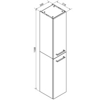 Dessin technique d un meuble de salle de bains haut avec deux portes. Dimensions en millimètres : hauteur 1588, largeur 300, profondeur 318.