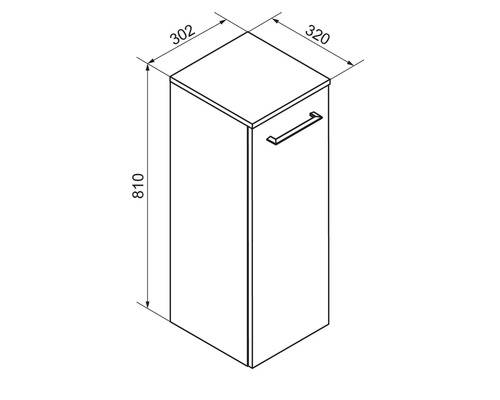 Dessin technique d'un meuble bas de salle de bain avec dimensions : hauteur 810, largeur 302 et profondeur 320.