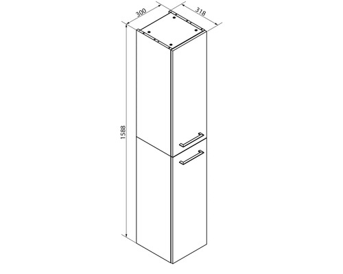 Dessin technique d un meuble de salle de bains haut avec deux portes. Dimensions en millimètres : hauteur 1588, largeur 300, profondeur 318.
