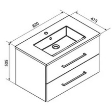 Maßzeichnung Waschbeckenunterschrank mit Waschbecken, Breite 820 Millimeter, Tiefe 475 Millimeter, Höhe 505 Millimeter, zwei Schubladen.
