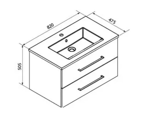 Maßzeichnung Waschbeckenunterschrank mit Waschbecken, Breite 820 Millimeter, Tiefe 475 Millimeter, Höhe 505 Millimeter, zwei Schubladen.