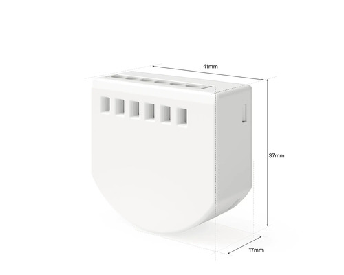 Module encastré intelligent blanc compact avec des dimensions de 41 millimètres par 37 millimètres par 17 millimètres.