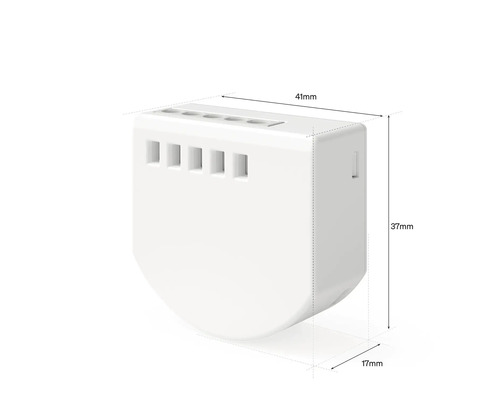 Module encastré blanc pour maison intelligente avec les dimensions 41 millimètres de largeur, 37 millimètres de hauteur et 17 millimètres de profondeur.