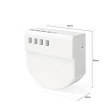 Module relais smart home avec dimensions : 41 millimètres de largeur, 37 millimètres de hauteur et 15 millimètres de profondeur.