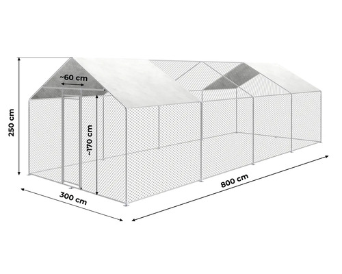 Grand poulailler en métal avec grillage, dimensions 800 par 300 par 250 centimètres, incluant une porte de circa 60 par 170 centimètres.