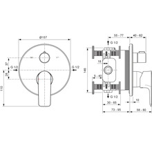 Dessin technique d'un mitigeur encastré avec dimensions précises en millimètres.