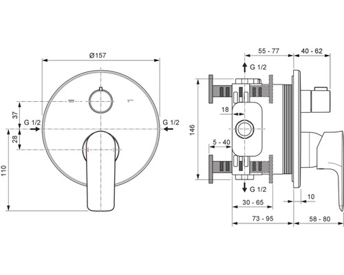Dessin technique d'un mitigeur encastré avec dimensions précises en millimètres.