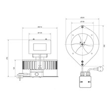 Technische Maßzeichnung eines Ventilators mit Angaben für Durchmesser und Höhen in Millimetern.