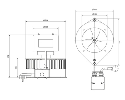 Technische Maßzeichnung eines Ventilators mit Angaben für Durchmesser und Höhen in Millimetern.