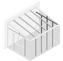 Dessin technique d une serre adossée avec toit en pente et porte coulissante contre un mur en briques.