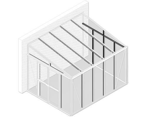 Dessin technique d une serre adossée avec toit en pente et porte coulissante contre un mur en briques.