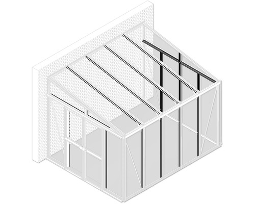 Dessin technique d'une serre adossée avec porte et toit en pente contre un mur en briques.
