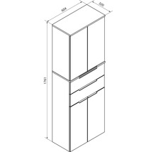 Dessin technique d'une armoire haute avec quatre portes et un tiroir. Largeur 604 millimètres, hauteur 1761 millimètres, profondeur 320 millimètres.