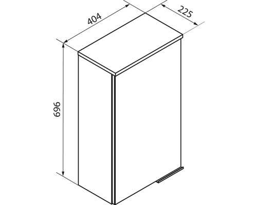Dessin technique d'un meuble avec des dimensions de 696 millimètres de hauteur, 404 millimètres de largeur et 225 millimètres de profondeur.