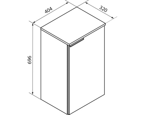Schéma avec dimensions d'une armoire : hauteur 696 millimètres, largeur 404 millimètres, profondeur 320 millimètres.
