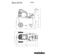 Dessin technique du compresseur Metabo Basic 250-50 avec dimensions en vue latérale et de dessus.