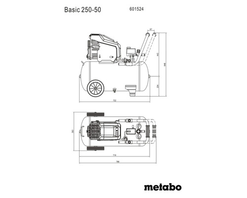 Dessin technique du compresseur Metabo Basic 250-50 avec dimensions en vue latérale et de dessus.