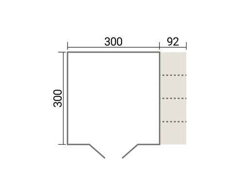 Dessin technique d un plan avec des dimensions de 300 par 300 centimètres et une extension latérale de 92 centimètres de large.