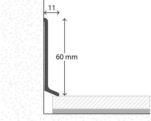 Technische Zeichnung einer Weichsockelleiste mit einer Höhe von 60 Millimetern und einer Breite von 11 Millimetern.