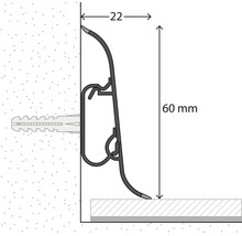 Querschnitt einer Sockelleiste mit Clip-Befestigung an einer Wand, Höhe 60 Millimeter, Breite 22 Millimeter.