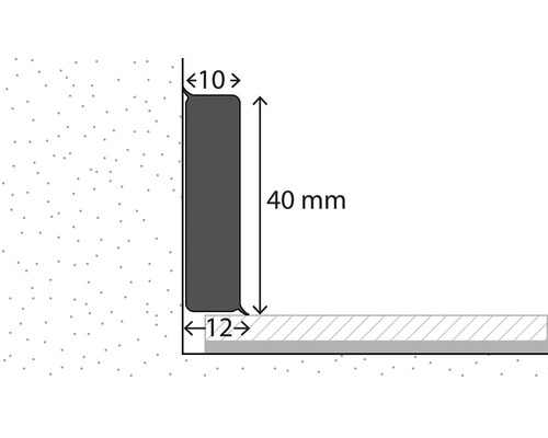 Masszeichnung Sockelleiste: Höhe 40 Millimeter, obere Breite 10 Millimeter, untere Breite 12 Millimeter.