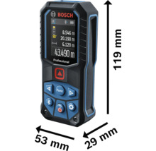 Bosch Logo auf Bosch Professional Laserentfernungsmesser. Maße: 119 Millimeter hoch, 53 Millimeter breit, 29 Millimeter tief.