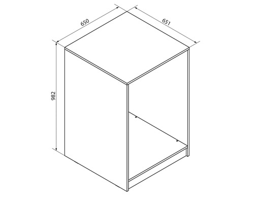 Dessin au trait d'un meuble avec les dimensions : hauteur 982 millimètres, largeur 651 millimètres, profondeur 650 millimètres.