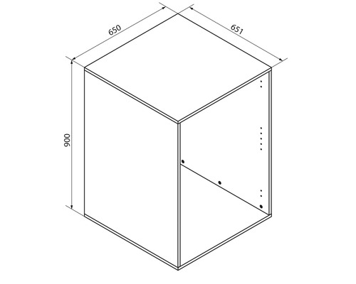 Dessin technique d'un meuble de cuisine de 900 millimètres de hauteur, 650 millimètres de largeur et 651 millimètres de profondeur.