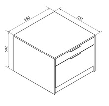 Croquis coté pour un meuble bas avec deux tiroirs: largeur 650 millimètres, profondeur 651 millimètres, hauteur 502 millimètres.