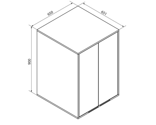 Croquis coté d'une armoire avec les dimensions de 900 millimètres de hauteur, 650 millimètres de profondeur et 651 millimètres de largeur.