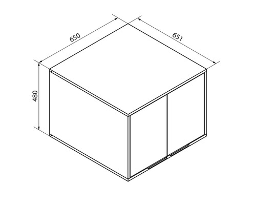 Dessin technique d'un meuble de salle de bain avec les dimensions: largeur 651 millimètres, profondeur 650 millimètres, hauteur 480 millimètres.
