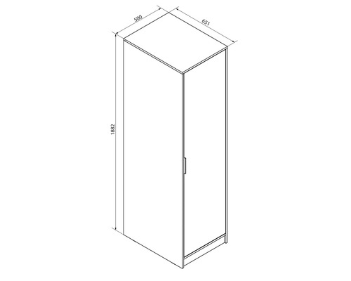 Dessin technique d'une armoire à une porte avec dimensions : hauteur 1882 millimètres, largeur 651 millimètres, profondeur 500 millimètres.