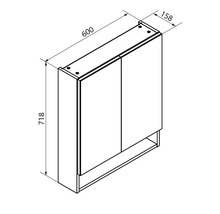 Dessin technique d'une armoire de toilette avec dimensions : largeur 600 millimètres, hauteur 718 millimètres, profondeur 158 millimètres