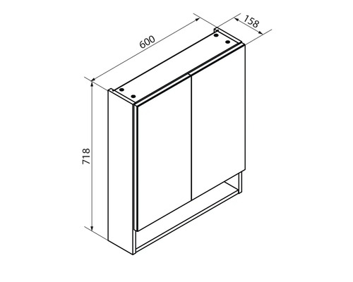 Dessin technique d'une armoire de toilette avec dimensions : largeur 600 millimètres, hauteur 718 millimètres, profondeur 158 millimètres