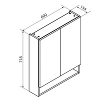 Dimensions d'une armoire de toilette : largeur 600 millimètres, hauteur 718 millimètres et profondeur 154 millimètres.