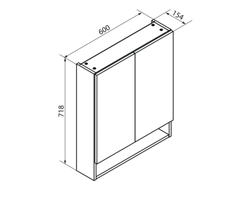 Dimensions d'une armoire de toilette : largeur 600 millimètres, hauteur 718 millimètres et profondeur 154 millimètres.