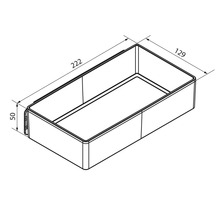 Dessin technique d'une boîte de rangement rectangulaire avec les dimensions: longueur 222, largeur 129, hauteur 50.