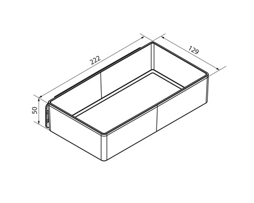 Dessin technique d'une boîte de rangement rectangulaire avec les dimensions: longueur 222, largeur 129, hauteur 50.