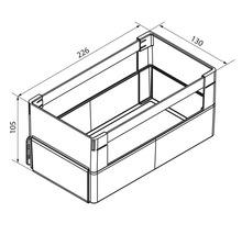 Dessin technique d'une boîte de rangement rectangulaire avec les dimensions 226 millimètres de longueur, 130 de largeur et 105 de hauteur.