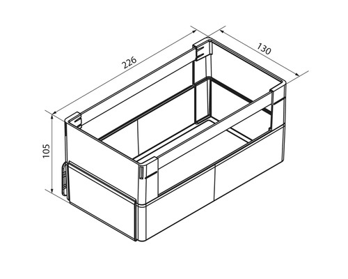 Dessin technique d'une boîte de rangement rectangulaire avec les dimensions 226 millimètres de longueur, 130 de largeur et 105 de hauteur.